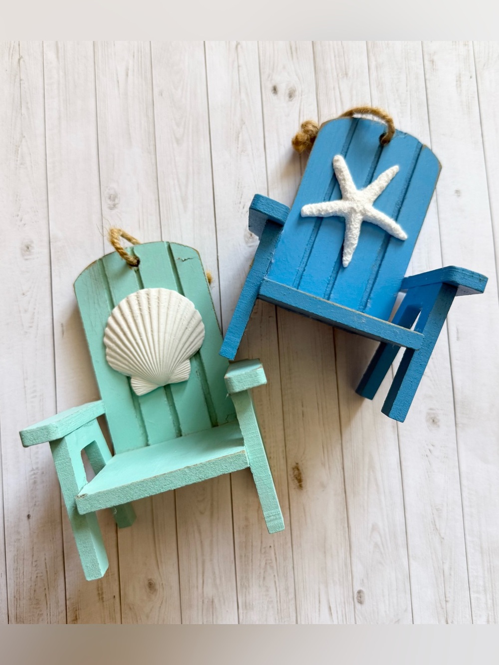 Small Wooden Adirondack Blue Turquoise Chairs with Shell Decorations Ornaments
